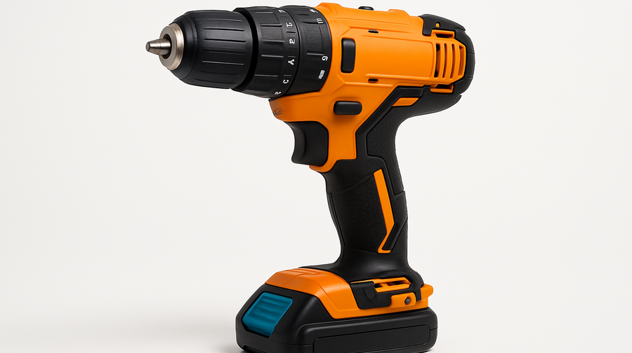 un taladro o herramienta inalámbrica sobre fondo limpio, estilo catálogo